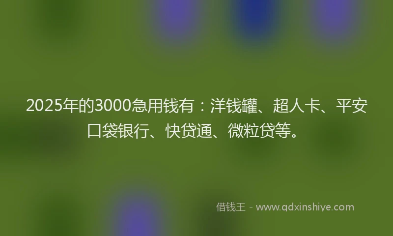 2025年的3000急用钱有：洋钱罐、超人卡、平安口袋银行、快贷通、微粒贷等。