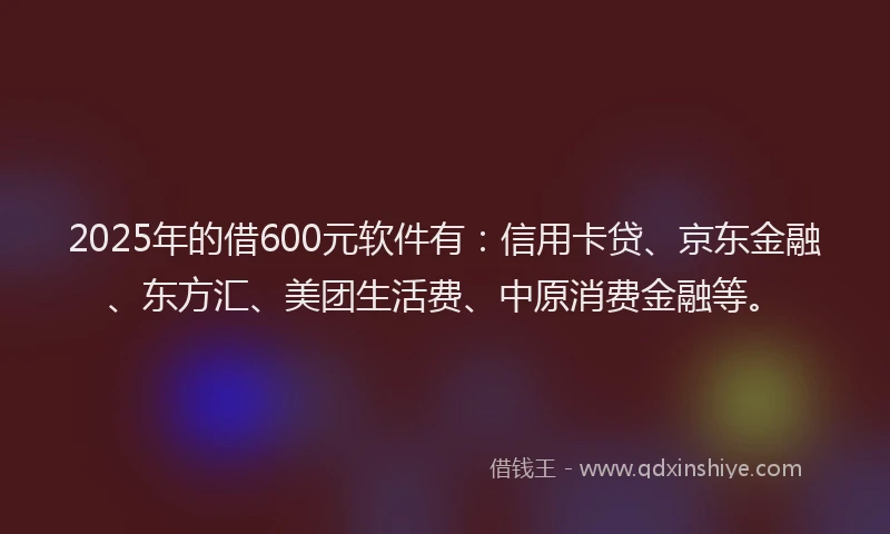 2025年的借600元软件有：信用卡贷、京东金融、东方汇、美团生活费、中原消费金融等。
