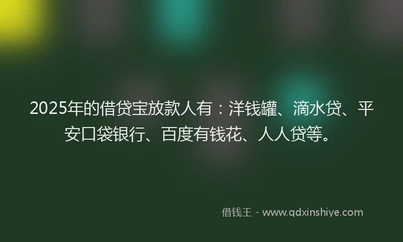 2025年的借贷宝放款人有：洋钱罐、滴水贷、平安口袋银行、百度有钱花、人人贷等。