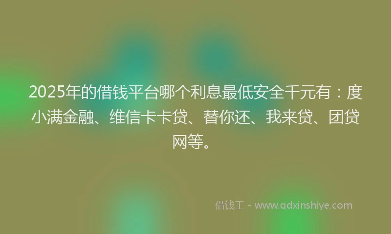 2025年的借钱平台哪个利息最低安全千元有：度小满金融、维信卡卡贷、替你还、我来贷、团贷网等。