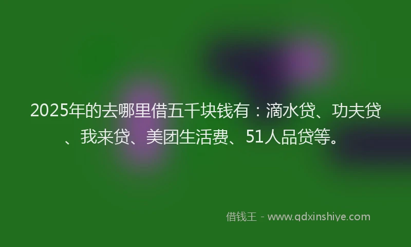 2025年的去哪里借五千块钱有：滴水贷、功夫贷、我来贷、美团生活费、51人品贷等。