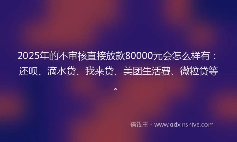 2025年的不审核直接放款80000元会怎么样有:还呗、滴水贷、我来贷、美团生活费、微粒贷等。