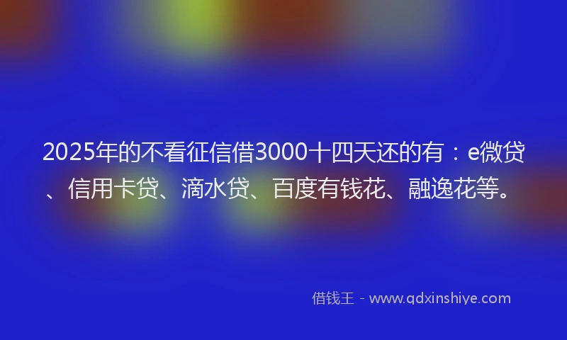 2025年的不看征信借3000十四天还的有：e微贷、信用卡贷、滴水贷、百度有钱花、融逸花等。