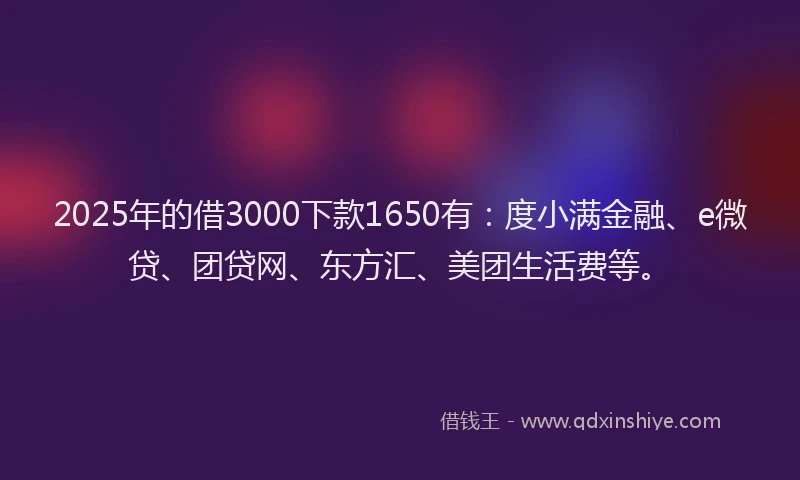 2025年的借3000下款1650有：度小满金融、e微贷、团贷网、东方汇、美团生活费等。