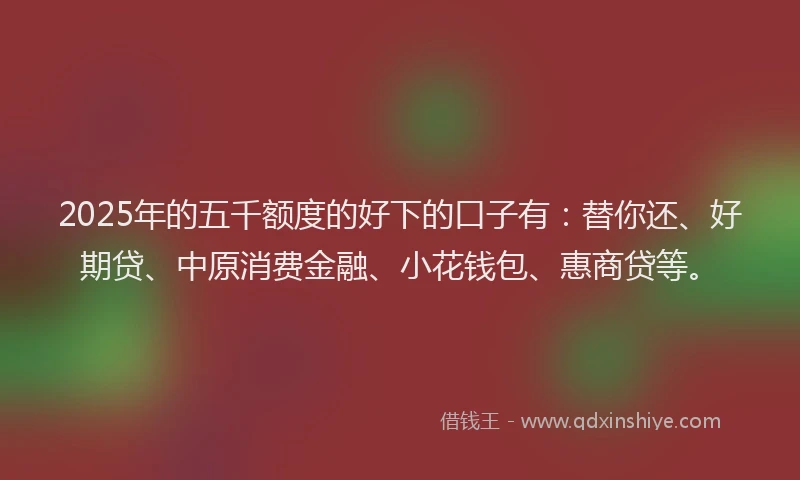 2025年的五千额度的好下的口子有：替你还、好期贷、中原消费金融、小花钱包、惠商贷等。