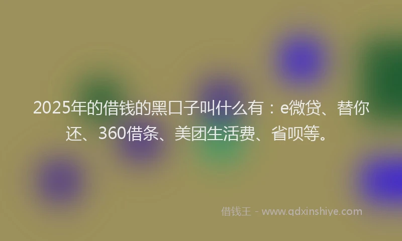 2025年的借钱的黑口子叫什么有：e微贷、替你还、360借条、美团生活费、省呗等。