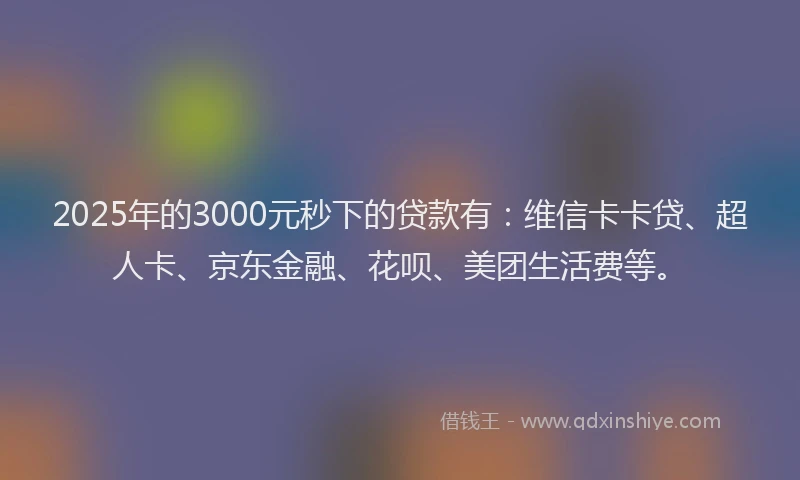 2025年的3000元秒下的贷款有：维信卡卡贷、超人卡、京东金融、花呗、美团生活费等。
