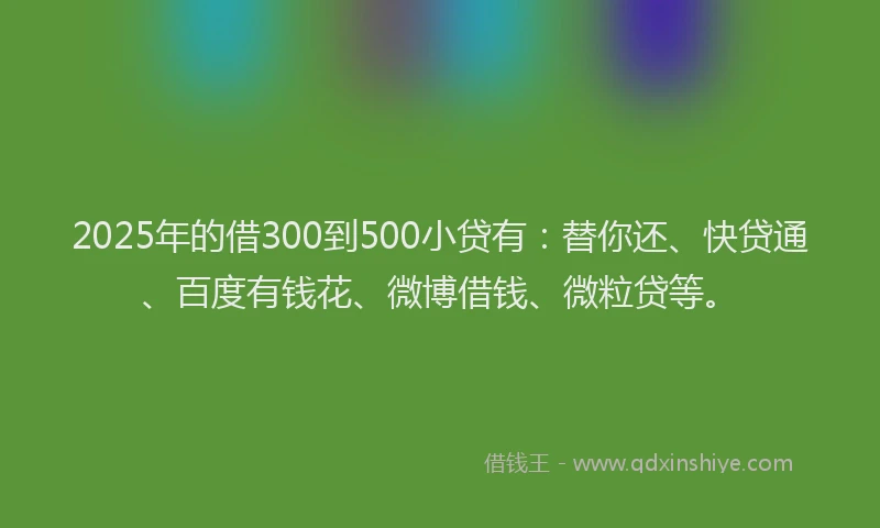 2025年的借300到500小贷有：替你还、快贷通、百度有钱花、微博借钱、微粒贷等。