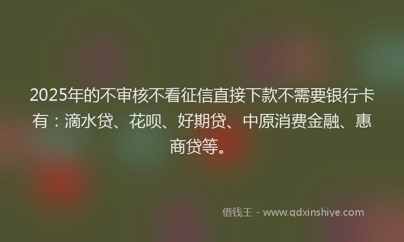 2025年的不审核不看征信直接下款不需要银行卡有：滴水贷、花呗、好期贷、中原消费金融、惠商贷等。