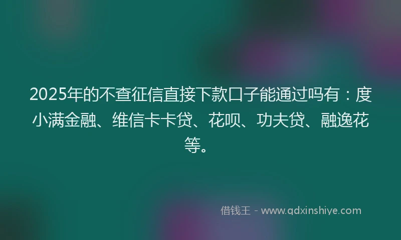 2025年的不查征信直接下款口子能通过吗有：度小满金融、维信卡卡贷、花呗、功夫贷、融逸花等。