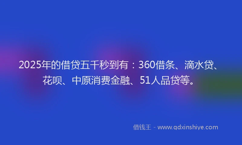 2025年的借贷五千秒到有：360借条、滴水贷、花呗、中原消费金融、51人品贷等。