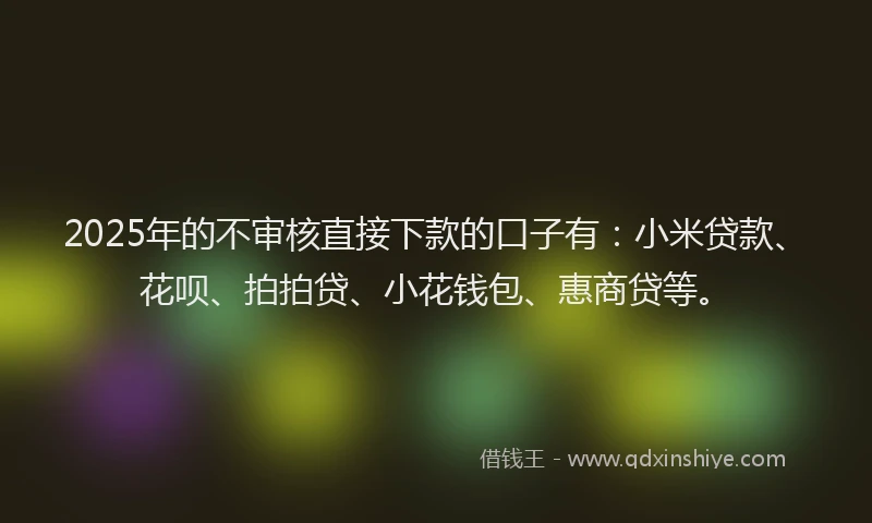 2025年的不审核直接下款的口子有：小米贷款、花呗、拍拍贷、小花钱包、惠商贷等。