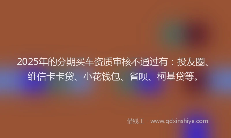 2025年的分期买车资质审核不通过有：投友圈、维信卡卡贷、小花钱包、省呗、柯基贷等。