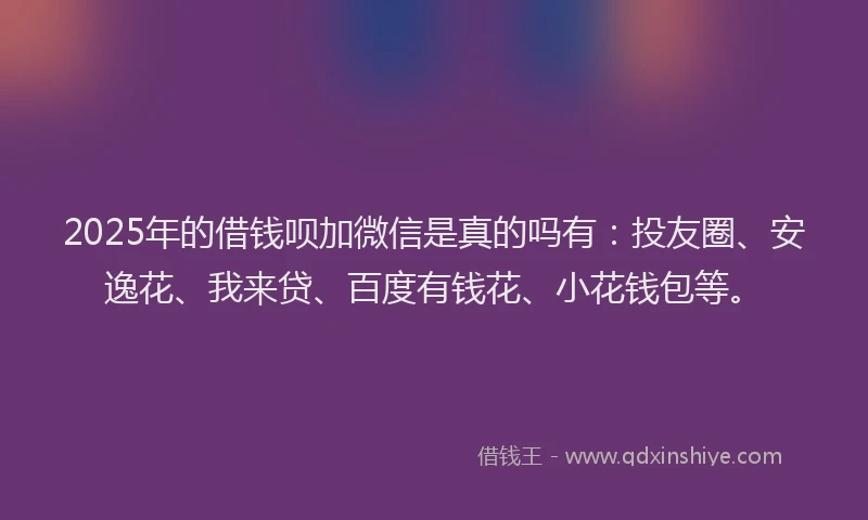 2025年的借钱呗加微信是真的吗有：投友圈、安逸花、我来贷、百度有钱花、小花钱包等。
