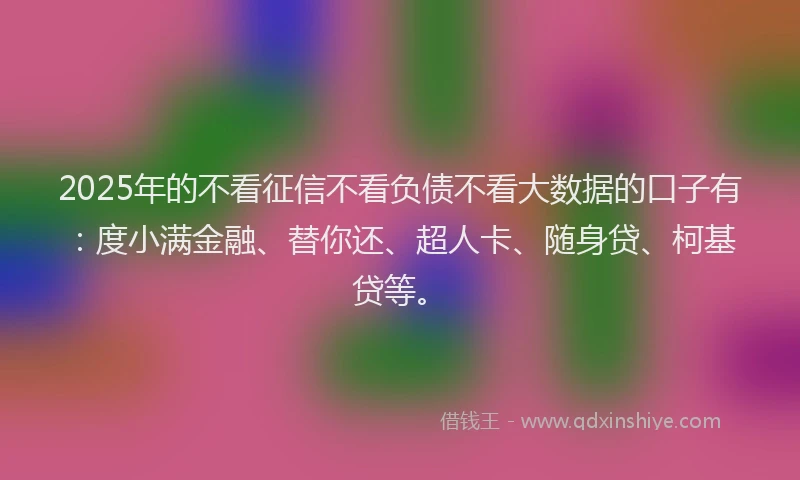 2025年的不看征信不看负债不看大数据的口子有：度小满金融、替你还、超人卡、随身贷、柯基贷等。