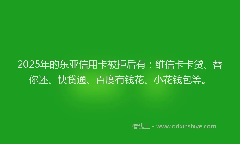 2025年的东亚信用卡被拒后有：维信卡卡贷、替你还、快贷通、百度有钱花、小花钱包等。