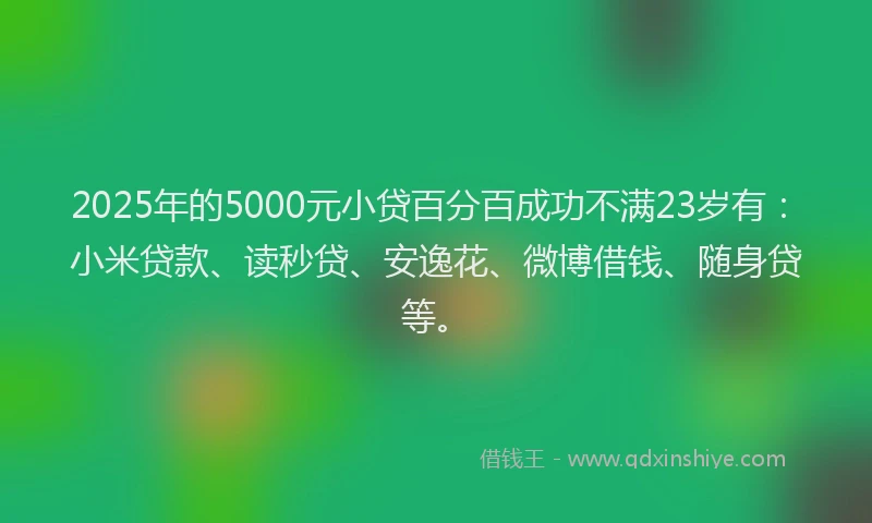2025年的5000元小贷百分百成功不满23岁有：小米贷款、读秒贷、安逸花、微博借钱、随身贷等。