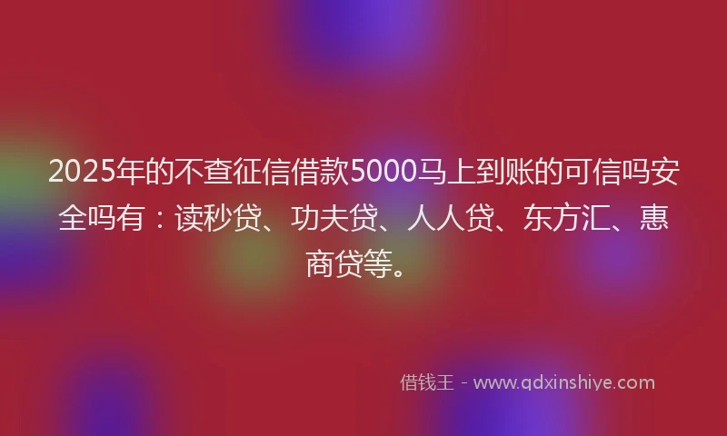 2025年的不查征信借款5000马上到账的可信吗安全吗有：读秒贷、功夫贷、人人贷、东方汇、惠商贷等。