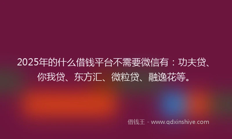 2025年的什么借钱平台不需要微信有：功夫贷、你我贷、东方汇、微粒贷、融逸花等。