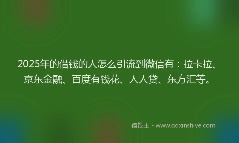 2025年的借钱的人怎么引流到微信有：拉卡拉、京东金融、百度有钱花、人人贷、东方汇等。