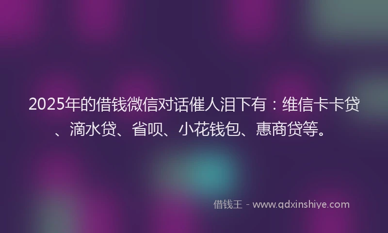2025年的借钱微信对话催人泪下有：维信卡卡贷、滴水贷、省呗、小花钱包、惠商贷等。