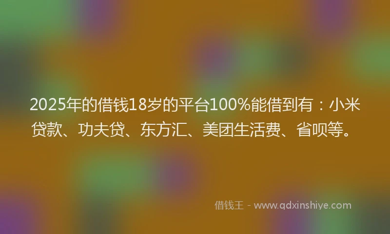 2025年的借钱18岁的平台100%能借到有：小米贷款、功夫贷、东方汇、美团生活费、省呗等。