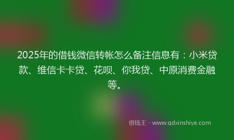 2025年的借钱微信转帐怎么备注信息有：小米贷款、维信卡卡贷、花呗、你我贷、中原消费金融等。