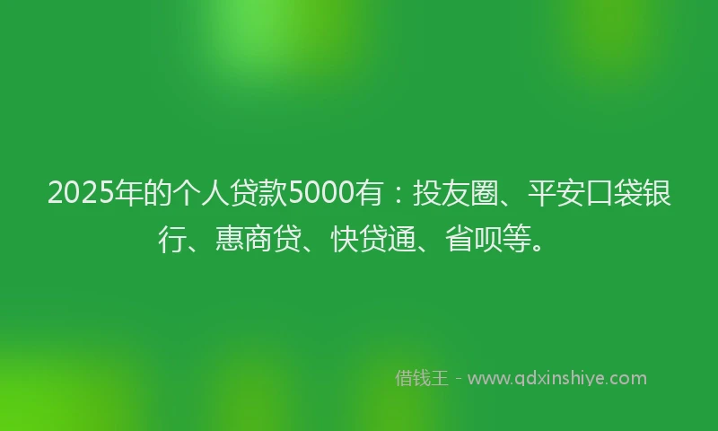 2025年的个人贷款5000有：投友圈、平安口袋银行、惠商贷、快贷通、省呗等。