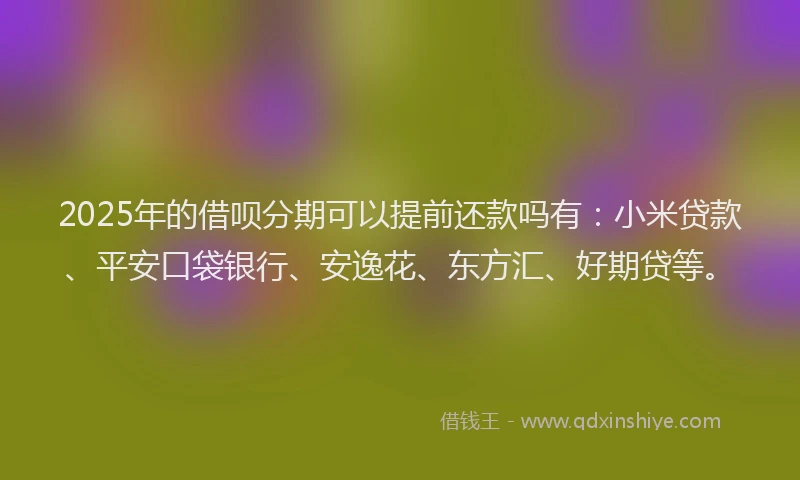 2025年的借呗分期可以提前还款吗有：小米贷款、平安口袋银行、安逸花、东方汇、好期贷等。