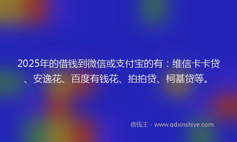 2025年的借钱到微信或支付宝的有：维信卡卡贷、安逸花、百度有钱花、拍拍贷、柯基贷等。