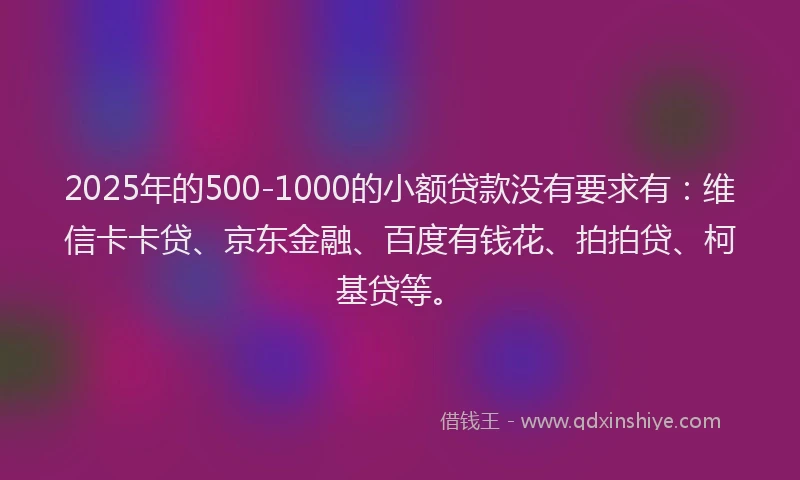 2025年的500-1000的小额贷款没有要求有：维信卡卡贷、京东金融、百度有钱花、拍拍贷、柯基贷等。