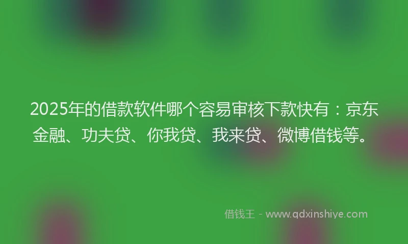 2025年的借款软件哪个容易审核下款快有：京东金融、功夫贷、你我贷、我来贷、微博借钱等。