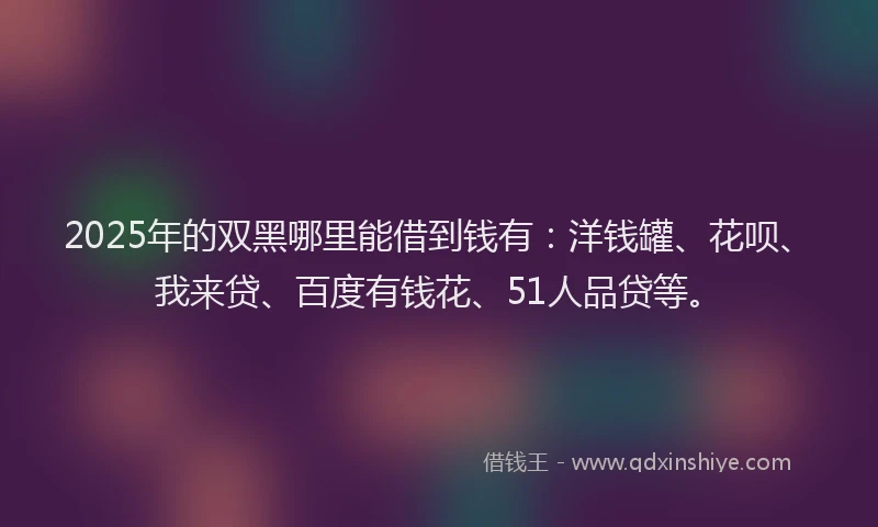 2025年的双黑哪里能借到钱有：洋钱罐、花呗、我来贷、百度有钱花、51人品贷等。