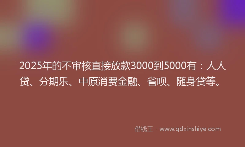 2025年的不审核直接放款3000到5000有：人人贷、分期乐、中原消费金融、省呗、随身贷等。