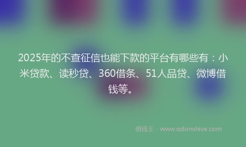 2025年的不查征信也能下款的平台有哪些有：小米贷款、读秒贷、360借条、51人品贷、微博借钱等。