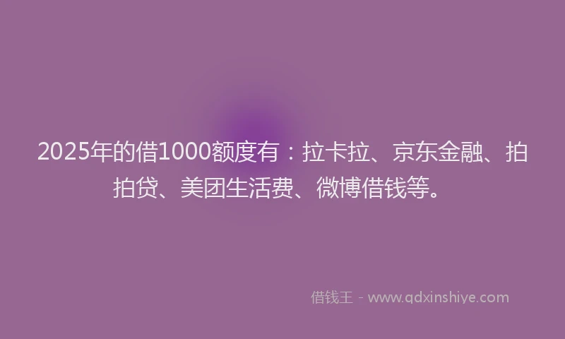 2025年的借1000额度有：拉卡拉、京东金融、拍拍贷、美团生活费、微博借钱等。