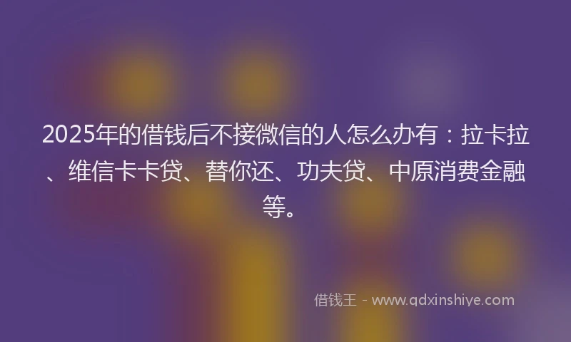 2025年的借钱后不接微信的人怎么办有：拉卡拉、维信卡卡贷、替你还、功夫贷、中原消费金融等。