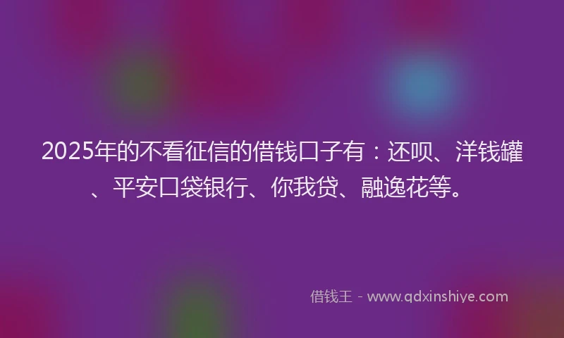 2025年的不看征信的借钱口子有：还呗、洋钱罐、平安口袋银行、你我贷、融逸花等。
