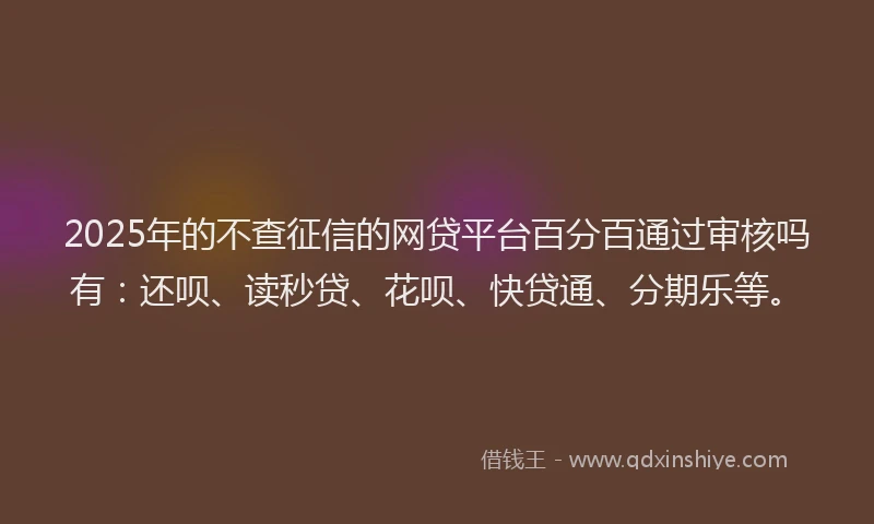 2025年的不查征信的网贷平台百分百通过审核吗有：还呗、读秒贷、花呗、快贷通、分期乐等。