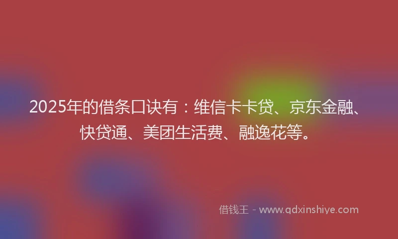 2025年的借条口诀有：维信卡卡贷、京东金融、快贷通、美团生活费、融逸花等。