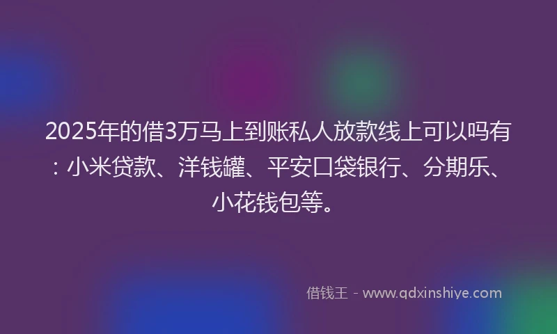 2025年的借3万马上到账私人放款线上可以吗有：小米贷款、洋钱罐、平安口袋银行、分期乐、小花钱包等。