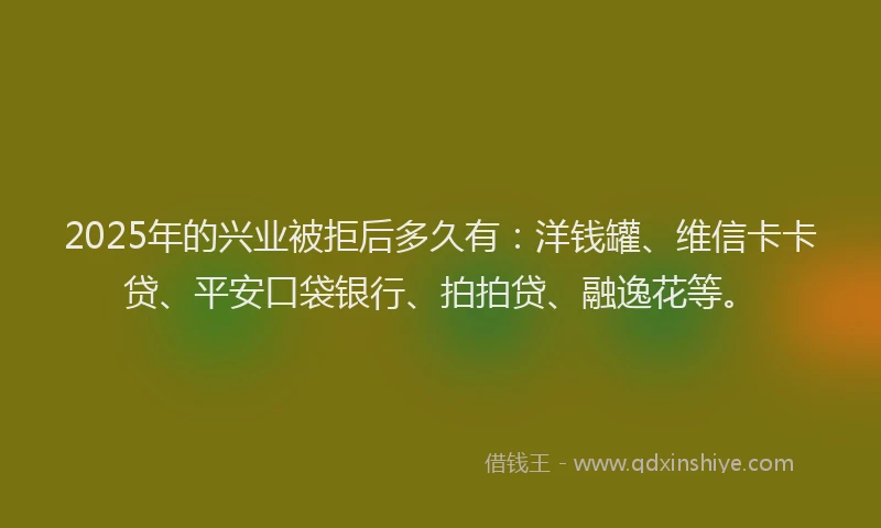 2025年的兴业被拒后多久有：洋钱罐、维信卡卡贷、平安口袋银行、拍拍贷、融逸花等。