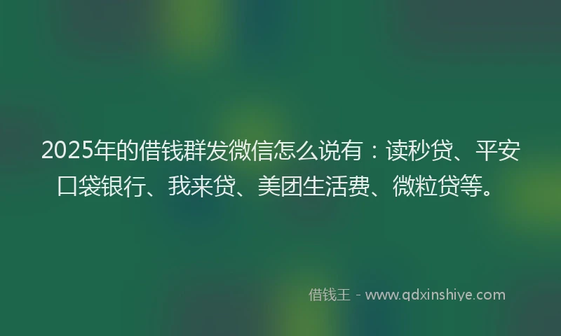 2025年的借钱群发微信怎么说有：读秒贷、平安口袋银行、我来贷、美团生活费、微粒贷等。
