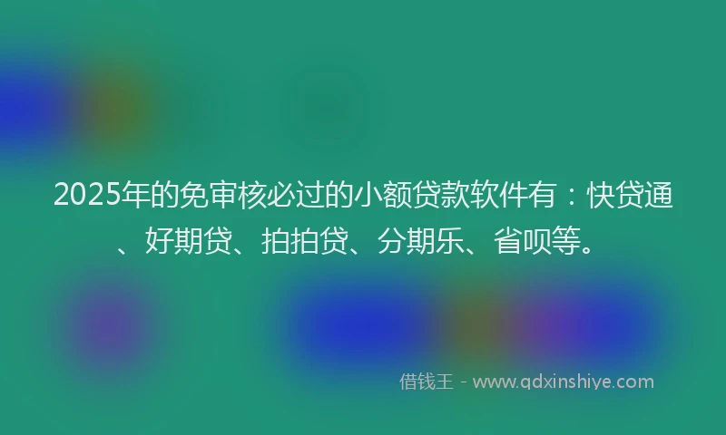 2025年的免审核必过的小额贷款软件有：快贷通、好期贷、拍拍贷、分期乐、省呗等。