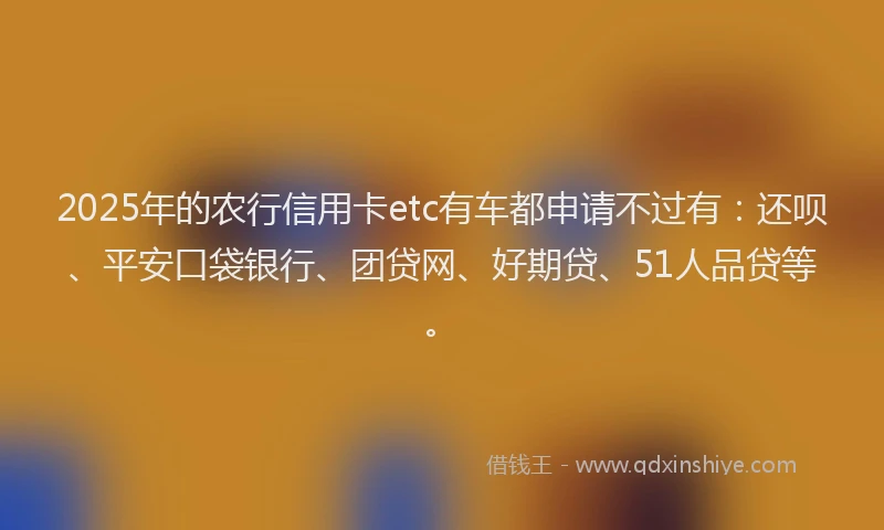 2025年的农行信用卡etc有车都申请不过有：还呗、平安口袋银行、团贷网、好期贷、51人品贷等。