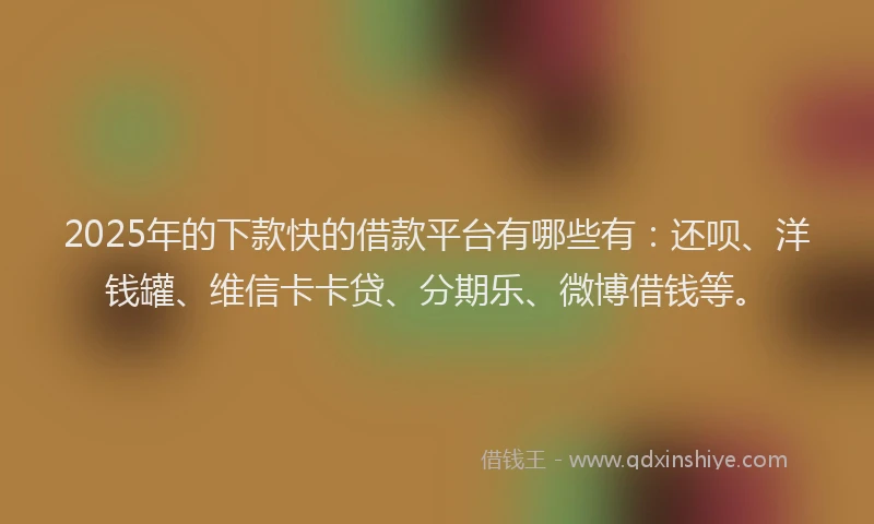 2025年的下款快的借款平台有哪些有：还呗、洋钱罐、维信卡卡贷、分期乐、微博借钱等。