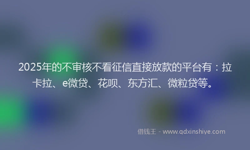 2025年的不审核不看征信直接放款的平台有：拉卡拉、e微贷、花呗、东方汇、微粒贷等。