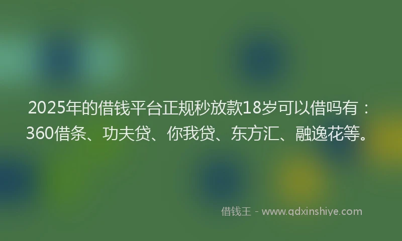 2025年的借钱平台正规秒放款18岁可以借吗有：360借条、功夫贷、你我贷、东方汇、融逸花等。