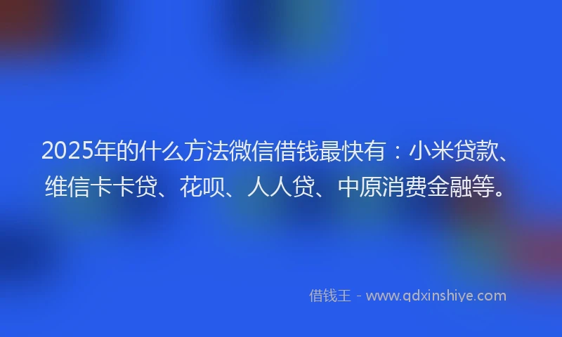 2025年的什么方法微信借钱最快有：小米贷款、维信卡卡贷、花呗、人人贷、中原消费金融等。