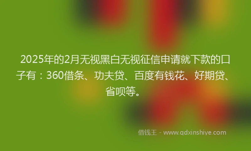 2025年的2月无视黑白无视征信申请就下款的口子有：360借条、功夫贷、百度有钱花、好期贷、省呗等。